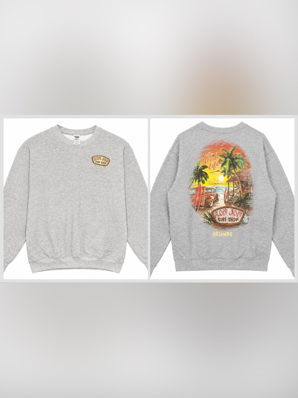 Ron Jon Grey Crewneck Sweatshirt with Tropical Surf Back Graphic